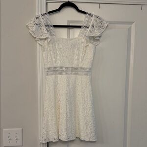 White Lace Flutter Sleeve Mini Dress - Feminine Occasion Wear
